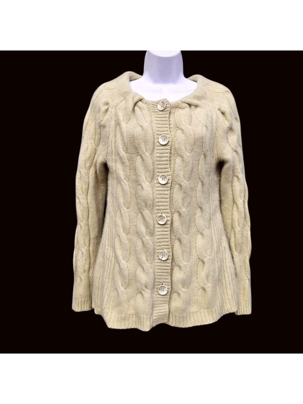 100% Cashmere Ivory Cable Knit Cardigan Button Front Sweater Women's S